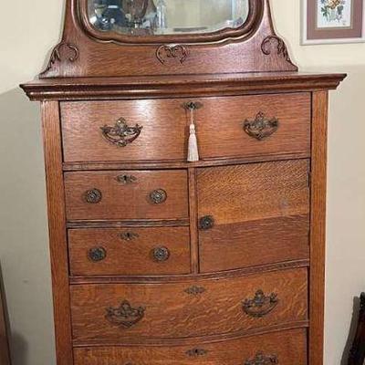 Antique Highboy Dresser Chest Of Drawers With Locking Drawers, Key & Beveled Mirror
