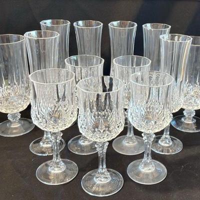 Cristal D’Arques Longchamp Champagne Flutes * Footed Goblets * Wine Glasses * 13 Pieces
