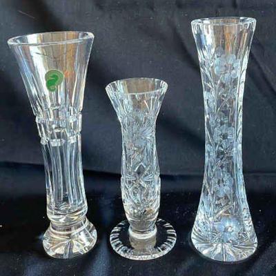 Three Etched Crystal Bud Vases * One Waterford
