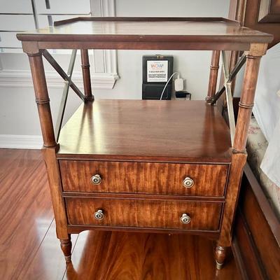 2 matching Ethan Allen British Colonial night stands with brushed nickel accent and faux bamboo - matches sleigh bed