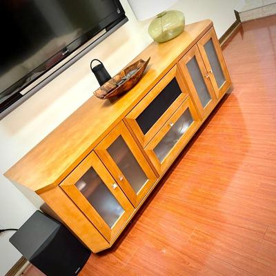 Entertainment center - light wood with brushed nickel pulls 