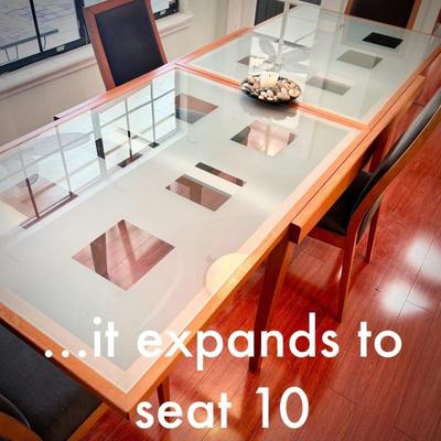 Scandinavian-style glass table & 4 chairs - expands to seat 10