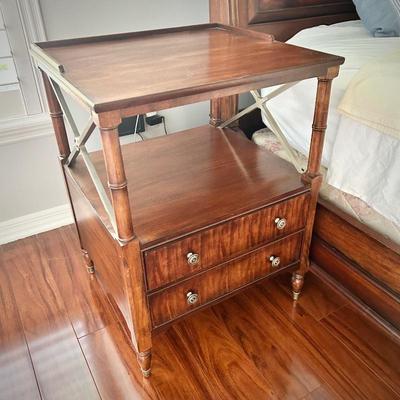 2 matching Ethan Allen British Colonial night stands with brushed nickel accent and faux bamboo - matches sleigh bed