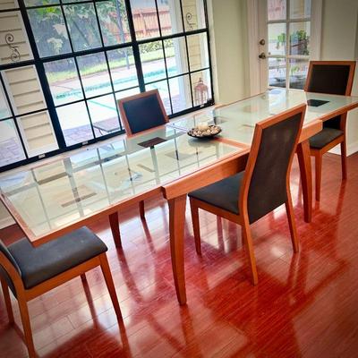 Scandinavian-style glass table & 4 chairs - expands to seat 10
