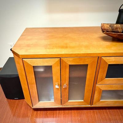 Entertainment center - light wood with brushed nickel pulls 