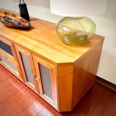 Entertainment center - light wood with brushed nickel pulls 