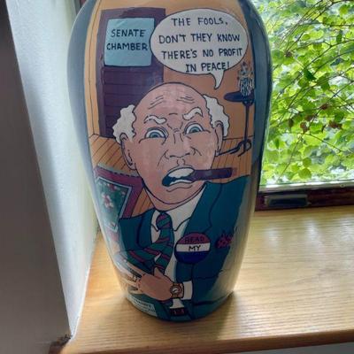 Political satire ceramic vase by Kay Bynam & Richard Frideaux