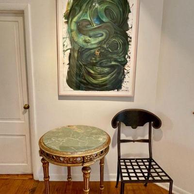 Original Walter Kravitz, Regency-style marble-top table, metal occasion chair