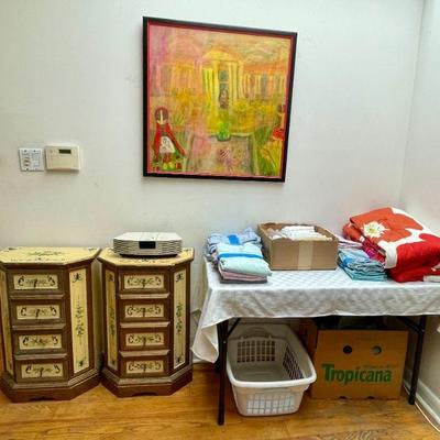 Pair of hand-painted nightstands, original C.D. Edwards painting