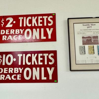 Framed collection of Seattle Slew's Triple Crown ticket stubs with original vintage Churchill Downs Derby signs