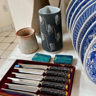Vintage faux horn knife set & Charles and Alice Smith faces pitcher
