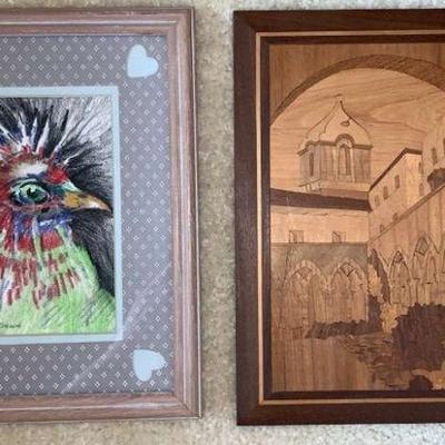 MMM115 Wooden Inlaid Marquetry and Crayon Art (2 Pieces)