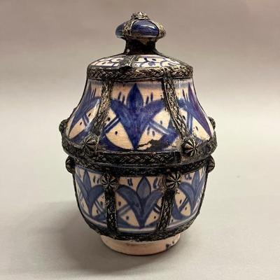 Hand Painted Blue And White Ceramic Covered Jar
