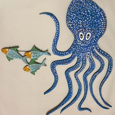 Octopus And School Of Fish Wood Hanging Art
