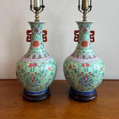 Chinese Export Turquoise Ground Famille Rose Vases Mounted As Lamps (2)
