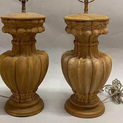 Pair Of Wood Carved Urn Shaped Lamps
