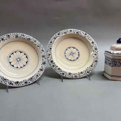 Blue And White Ceramic Dishes And Covered Jar

