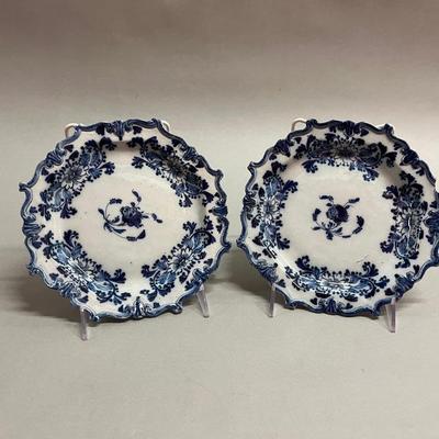 Two Hand Painted Blue And White Ceramic Scalloped Edge Dishes
