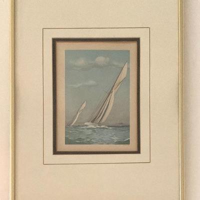 Antique 1902 lithograph of America’s Cup race showing Columbia and Shamrock II, 