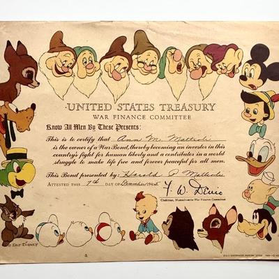 U.S. Treasury- Disney Certificate for War Bonds 8x10”