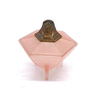 Antique frosted pink glass dresser box w/ Egyptian head
