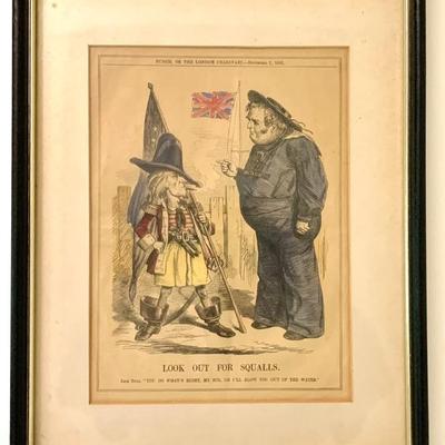 Antique political satirical cartoon referring to The Trent Affair, 1861