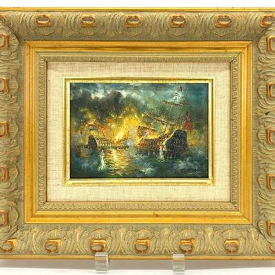 O/B painting of battle at sea, 11x13 w/ frame
