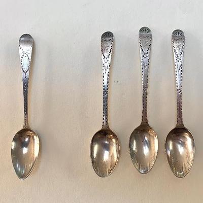 Antique English silver spoons. Single spoon on left London, 1797.  3 spoons on right - London, 1783.