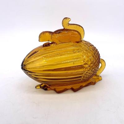 L. E. Smith amber squirrel on nut candy dish