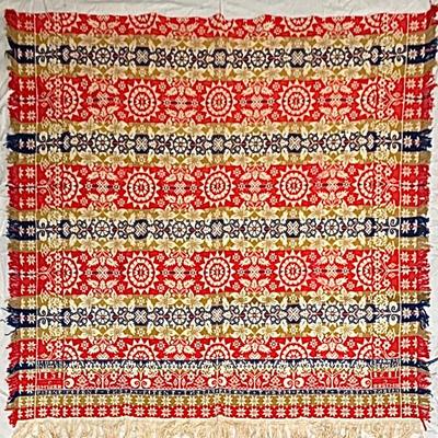 Antique Jacquard 4-color coverlet woven by M. Hoke of Dover, PA, dated 1838.  Excellent condition, 80 in x 76 in. 