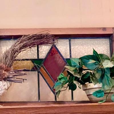 Stained glass window, chicken and plant