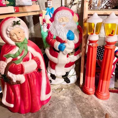 Vintage Santa and Mrs. Claus blow molds and lanterns