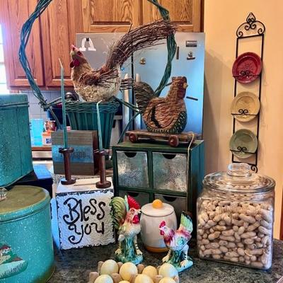 Roosters, Chicken and Vintage Peanut Jar