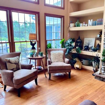 Wing back chairs, rooster table lamp, and the