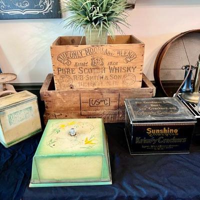 Vintage advertising crates and cake plate