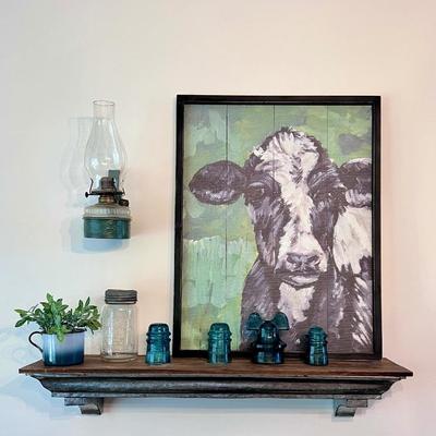 Cow Picture, Insulators, Oil Lamp and Mason Jar