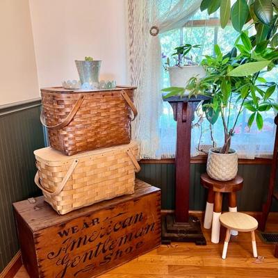 Vintage Advertising Crate, Baskets, Plants and Plant Stands