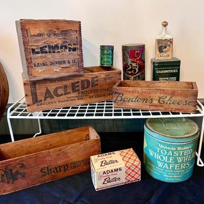 Vintage crates, tins and boxes