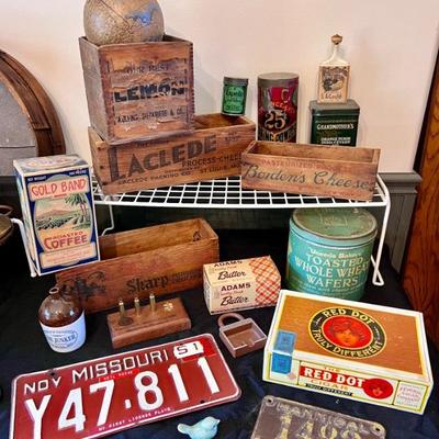 Vintage, advertising crates, is license, old bottles and tins