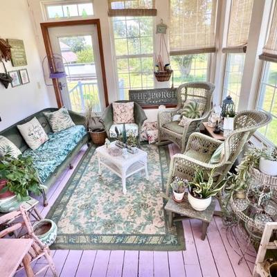 Wicker furniture, area, rug, plants, decor