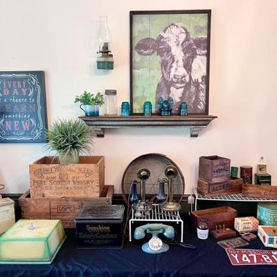 Vintage advertising items, vintage telephones