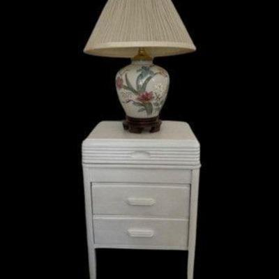 White Nightstand & Hand-Painted Ceramic Table Lamp w/ Floral Pleated Silk Shade	