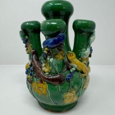 Three-Section Chinese Green Glazed Ceramic Vase w/ Intricate Squirrel Motif	