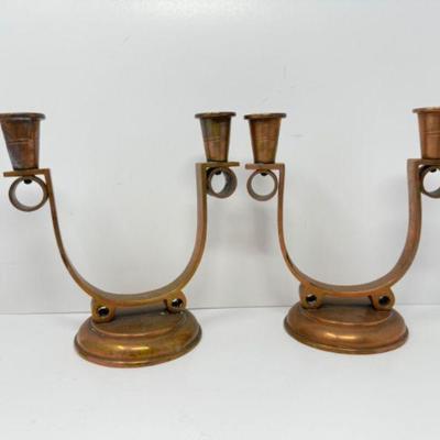 Pair of Copper Candle Stick Holder w/ Double Swoop Arms	