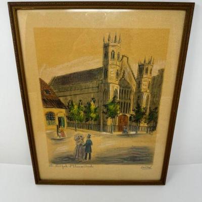 Signed Barday - New York, St. Thomas Church Antique Framed Print	