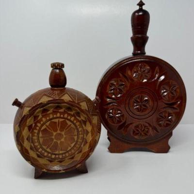 Pair of Carved Wooden Water Canteen Set	