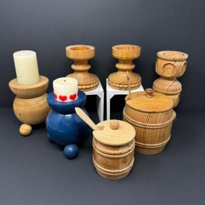 ﻿Swedish Handcrafted Wooden Candle Holders & Honey Pots	