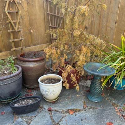 Vibrant Glazed Ceramic Bird Bath w/ Earthy-Toned Planter Set	