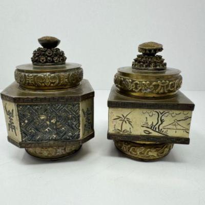 Pair of Hexagonal Cloisonné Enamel Box w/ Floral & Geometric Motifs	