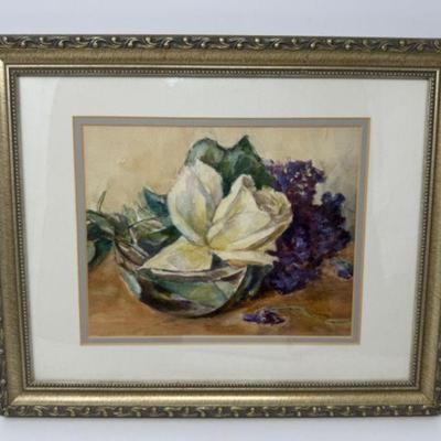 Original Signed Watercolor Magnolia & Violets	